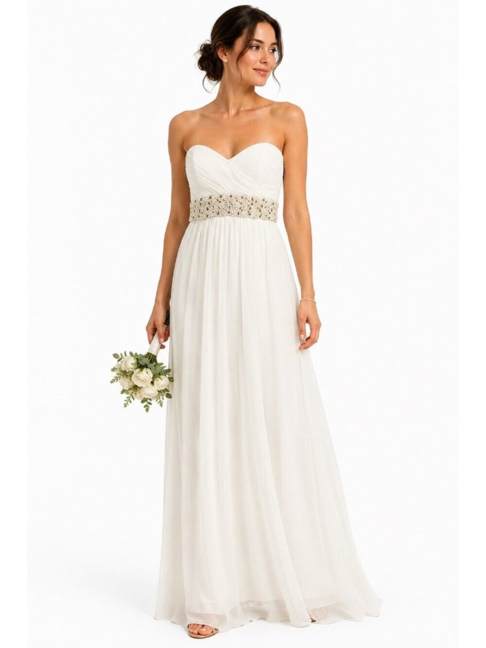 CACHE ivory bridal reception evening gown XS beaded empire chiffon maxi dress